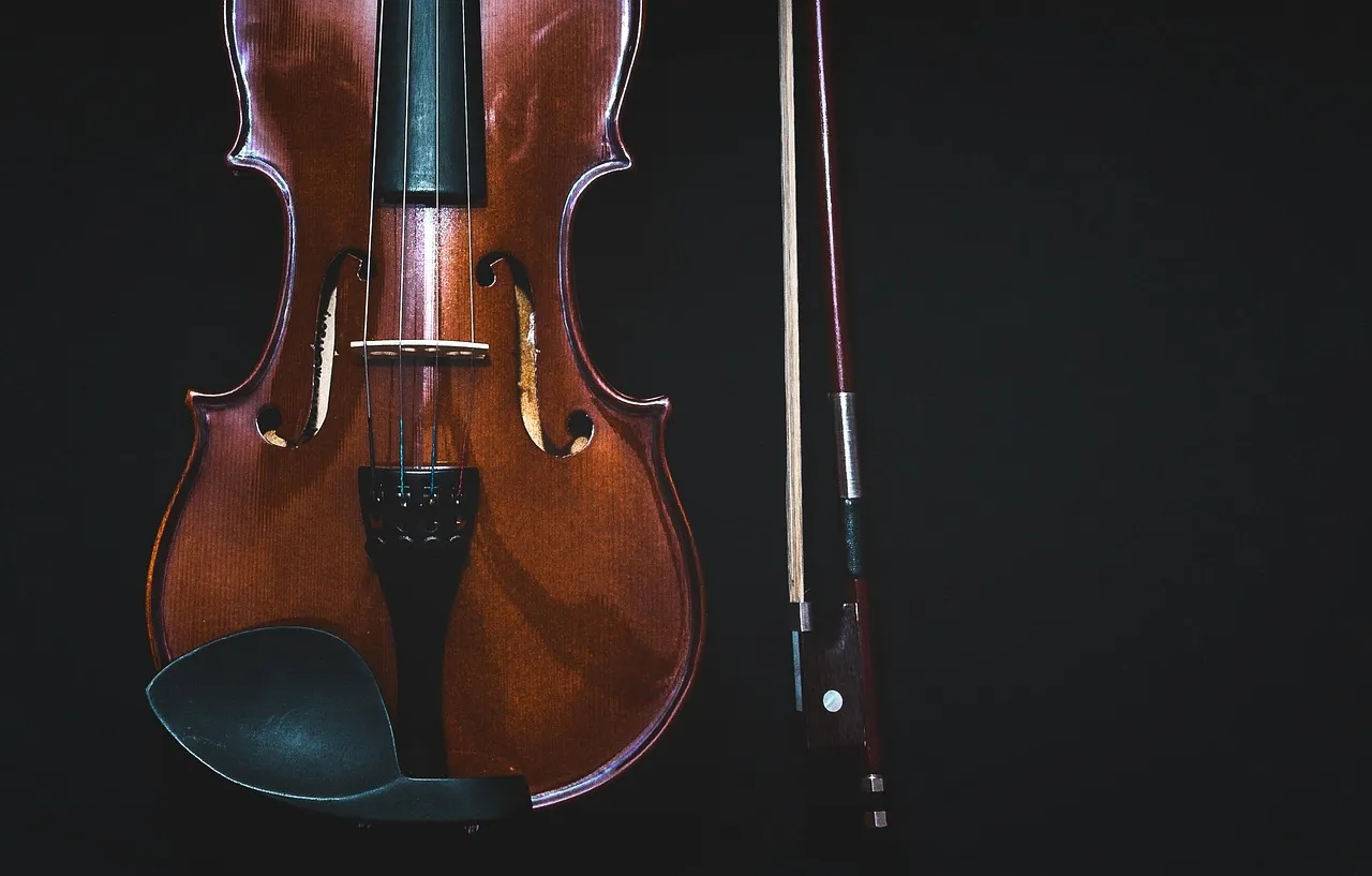 Le grain du bois d'un violon dans la pénombre